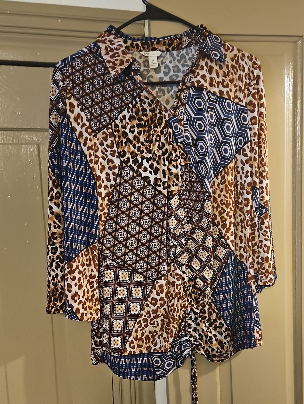 Cato Womens Mixed Print Two String-Front Adjustable Closer Blouse Medium